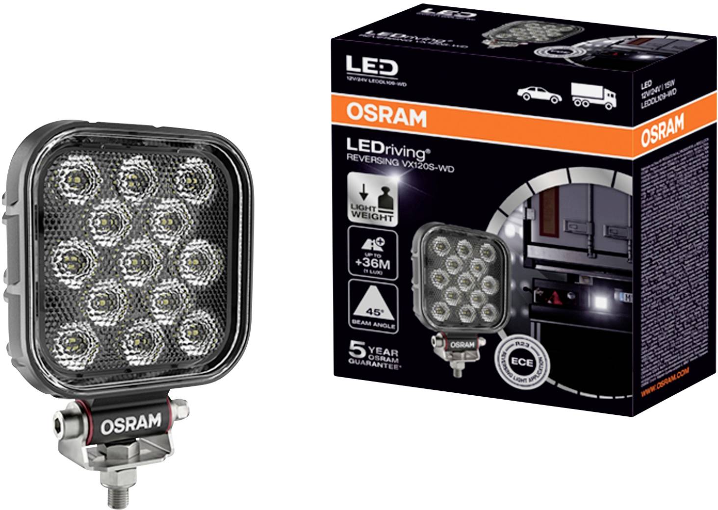 LED-arbejdslampe fra OSRAM til køretøjer med 45° spredningsvinkel, robust design og 5 års garanti. Emballagen viser lampen monteret på et køretøj.