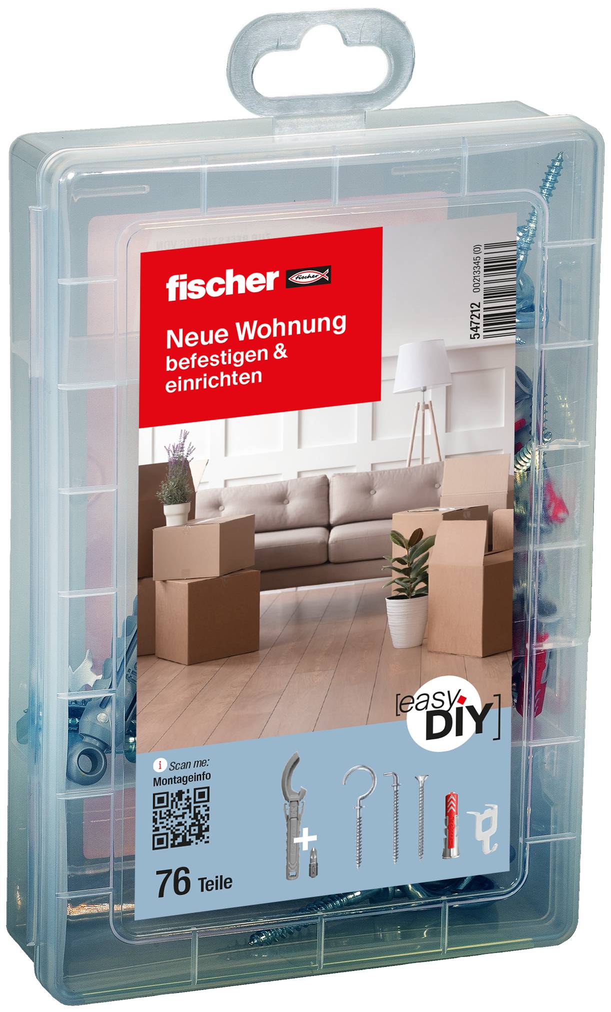 Fischer easyDIY væg-monteringssæt i et plastikkabinet, mærket 'Neue Wohnung befestigen & einrichten', med 76 dele vist på pakningen.