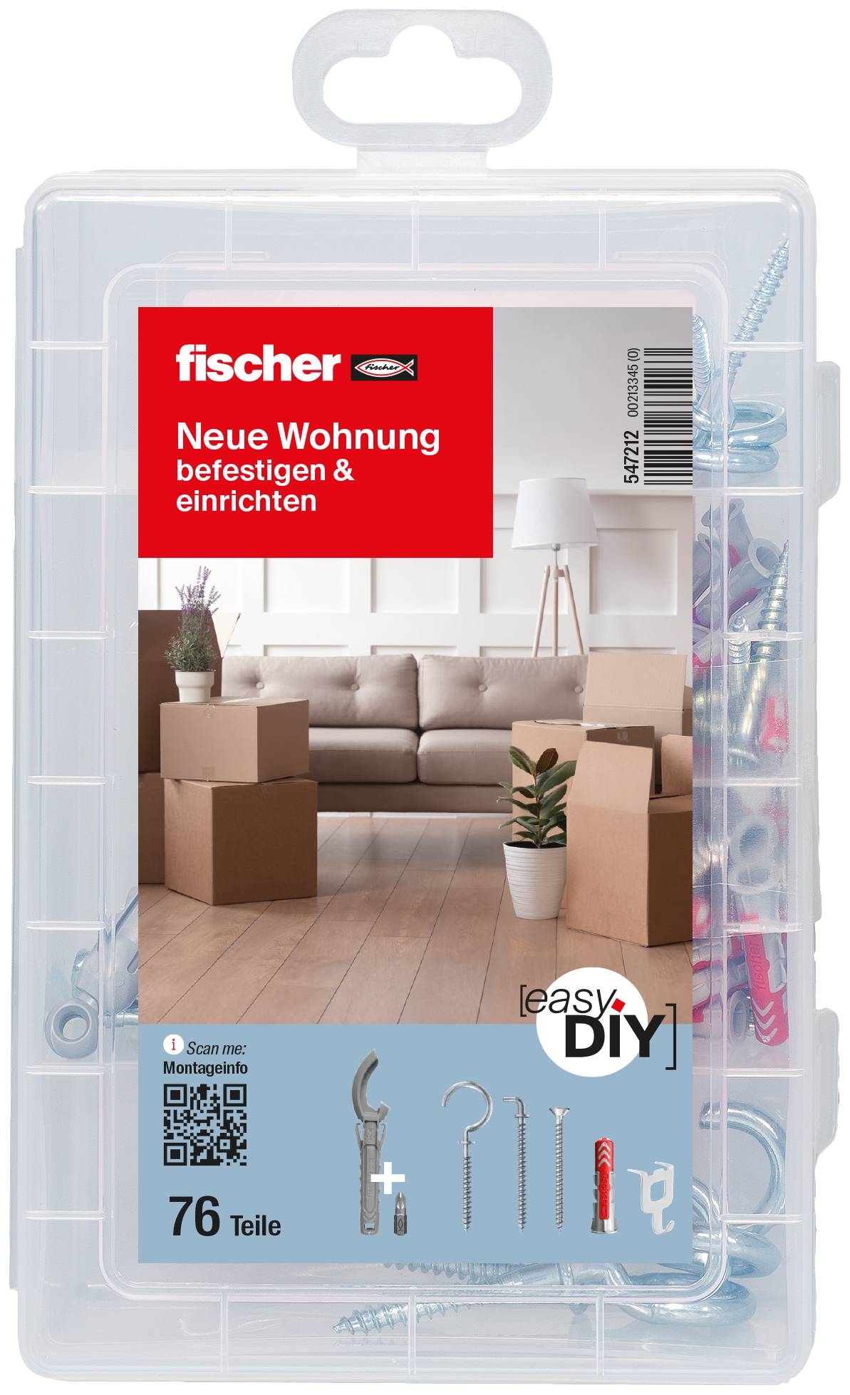 Fischer easyDIY kit i en klar plastikkasse, mærket 'Neue Wohnung befestigen & einrichten', viser en stueindretning og 76 dele til montering og indretning