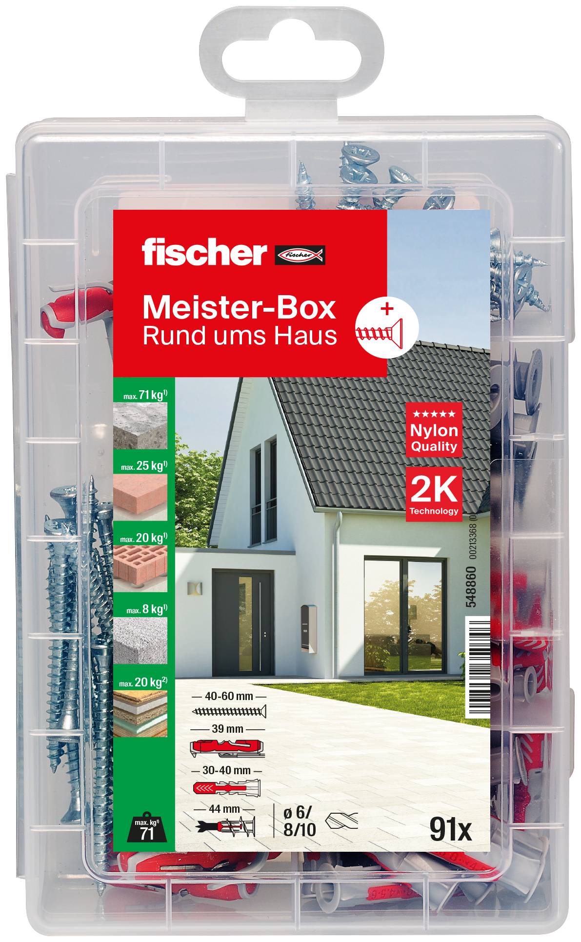 Plastik Fischer Meister-Box skrue- og væggeplugsortiment til omkring huset, mærket 'Rund ums Haus', 91 stykker, Nylon-kvalitet 2K-teknologi.