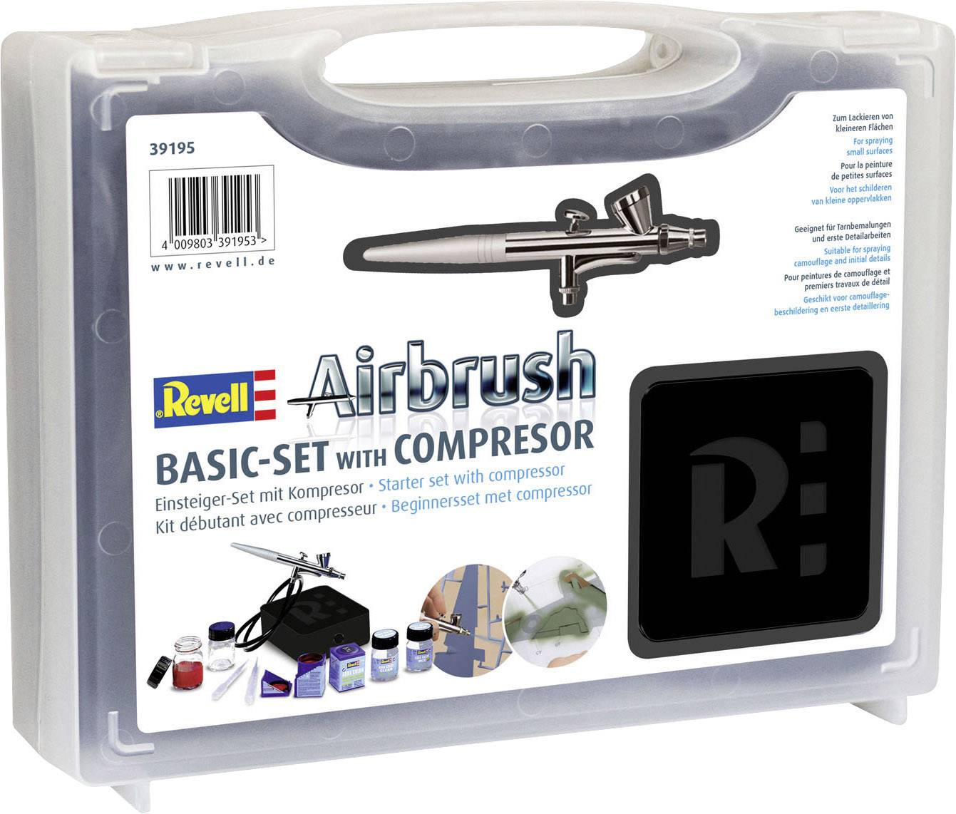 Plastikmappe med Revell Airbrush Basic-sæt. Indeholder airbrush-pistol, kompressor og tilbehør til modelbyggeri.