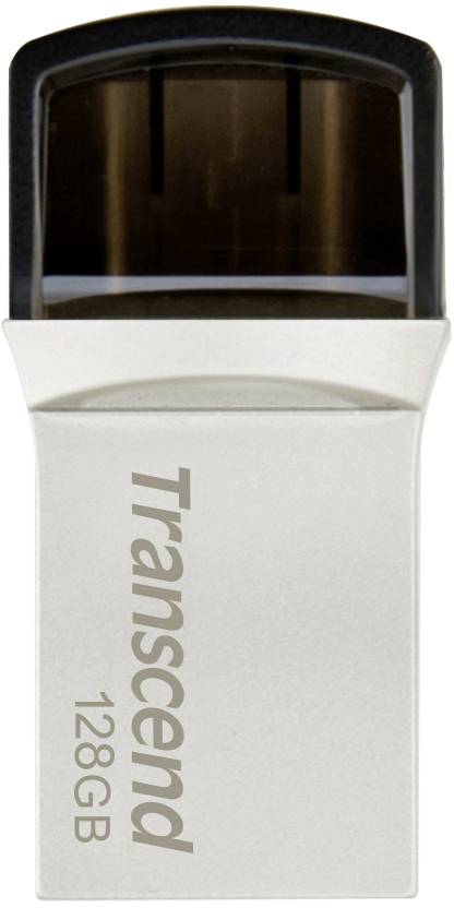 En sølvfarvet USB-stick med sort hætte, 128 GB kapacitet. Påskrift: 'Transcend'.