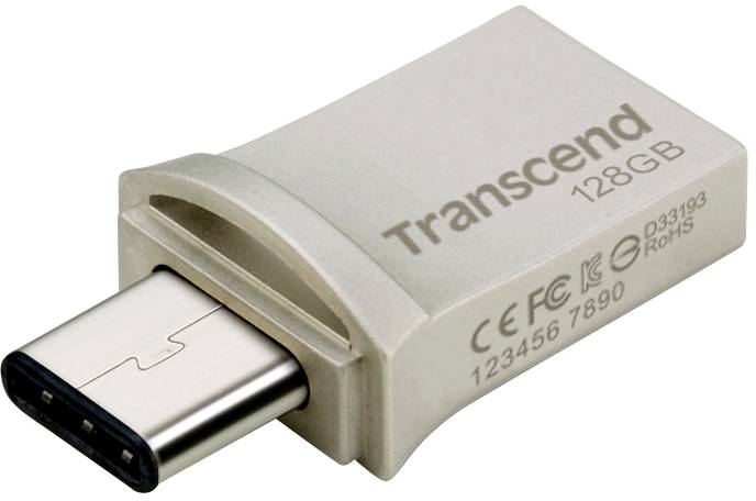 USB-stik fra Transcend med 128GB kapacitet, sølvfarvet, USB-C-tilslutning. Velegnet til lagerudvidelse og dataoverførsel.