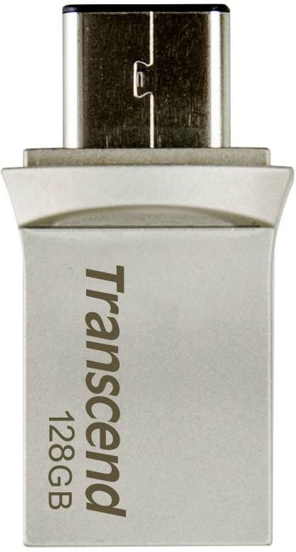USB-stick med 128 GB kapacitet fra Transcend, viser USB-C-grænsefladen øverst.