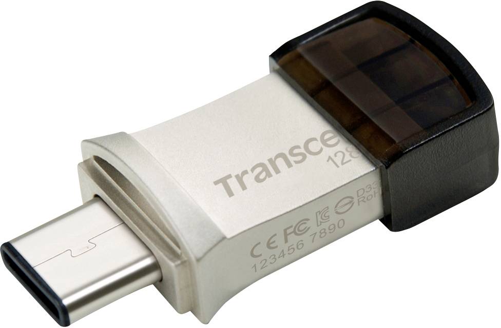 En USB-C-stick med metalkappe og sort plastikende, mærket 'Transcend 128 GB', viser stikkets forside.