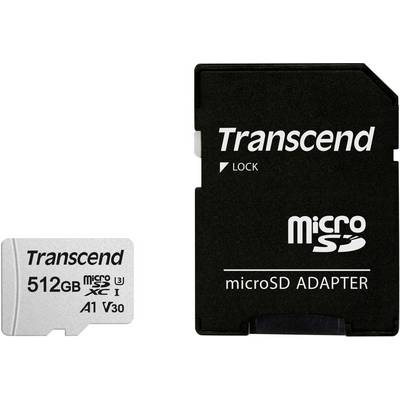 Et Transcend microSD-kort på 512 GB med en tilsvarende adapter, begge med varemærket 'Transcend'.