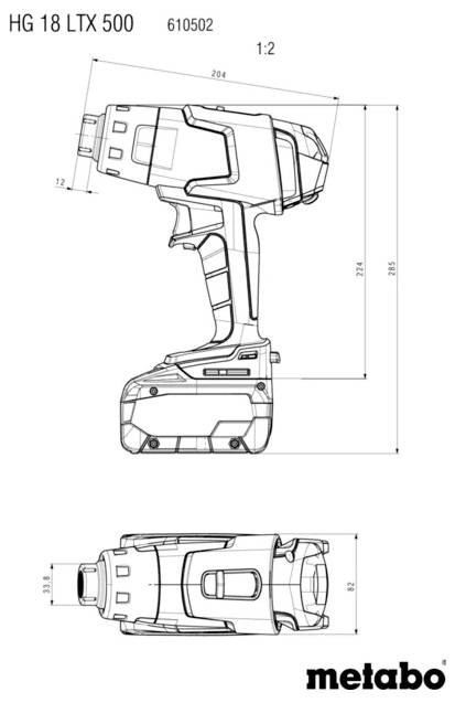 'Teknisk tegning af Metabo HG 18 LTX 500 varmepistol, viser side- og topvisninger med målangelser. Modelnummer 610502, målestok 1:2.'