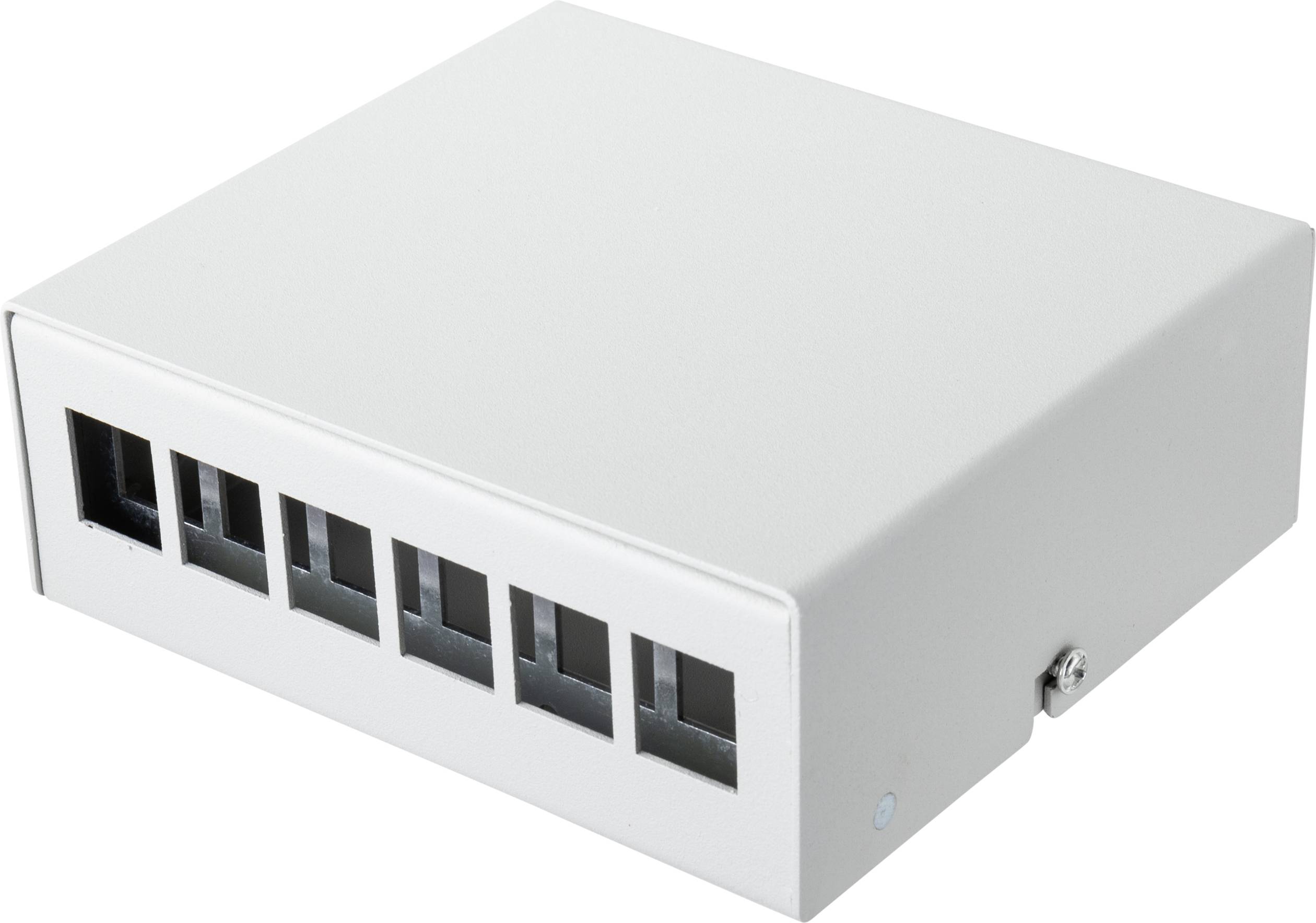 Sølvfarvet metalkabinet med seks rektangulære åbninger på forsiden, egnet til elektroniske komponenter eller netværksudstyr.
