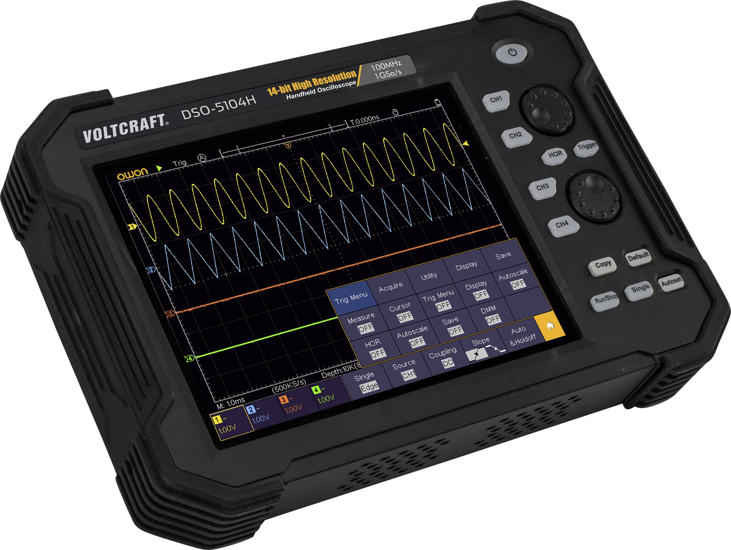 Oscilloskop Voltcraft DSO-5104H med et vist bølgemønster og måleværdier på en farvedisplay, bruges til dataanalyse.