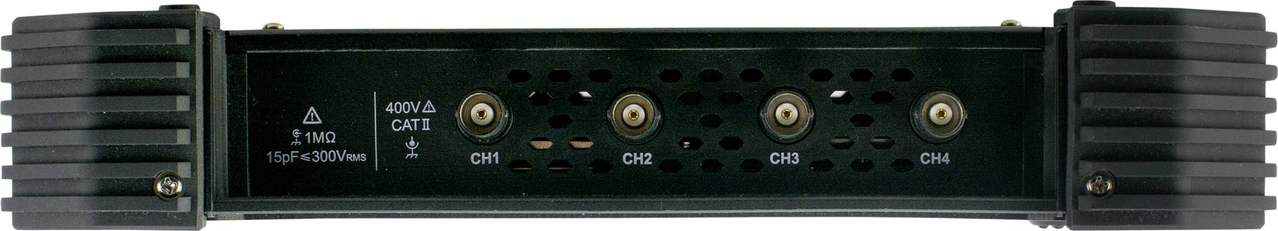 Sort elektronisk enhed med fire tilslutningsbøsninger (CH1, CH2, CH3, CH4) og en advarselsmærkning på venstre side.