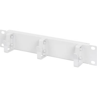 En hvid kabelmanager med flere kroge til ordentlig kabelorganisation i et 19-tommers rack.
