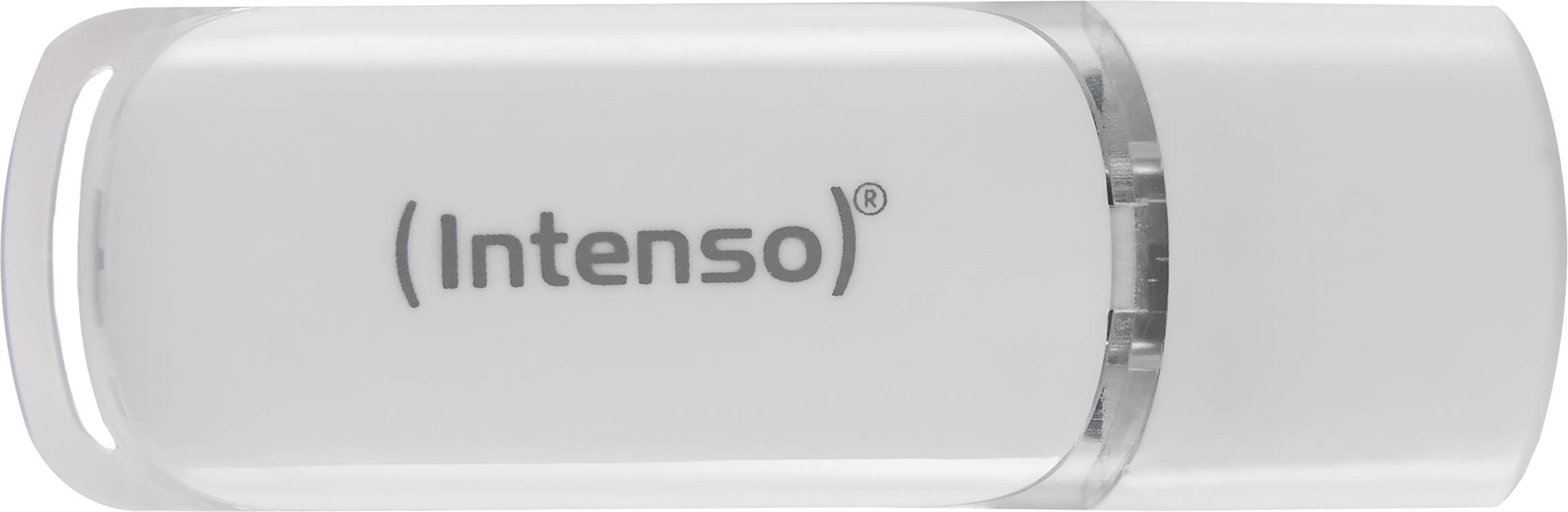 En hvid USB-stik fra mærket 'Intenso', lukket med en klappende hætte.