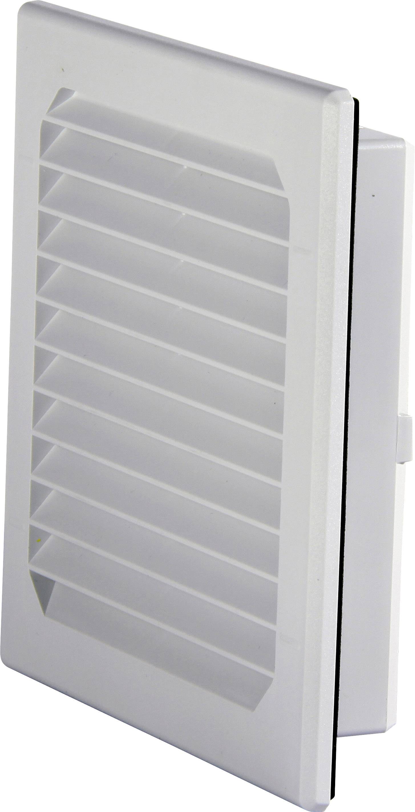 Et rektangulært, hvidt ventilationsgitter med vandrette lameller, der bruges til ventilation af rum eller enheder.