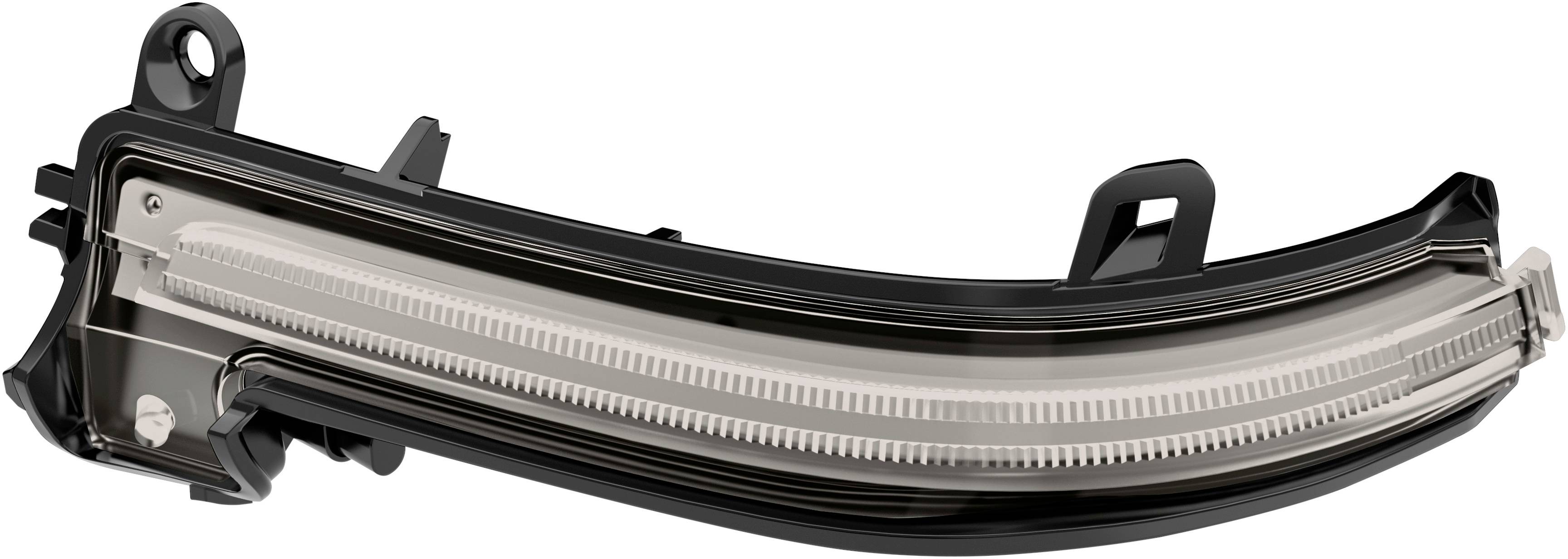 En dynamisk blinklys til en bil i buet design, primært lavet af sort plast med transparente elementer.