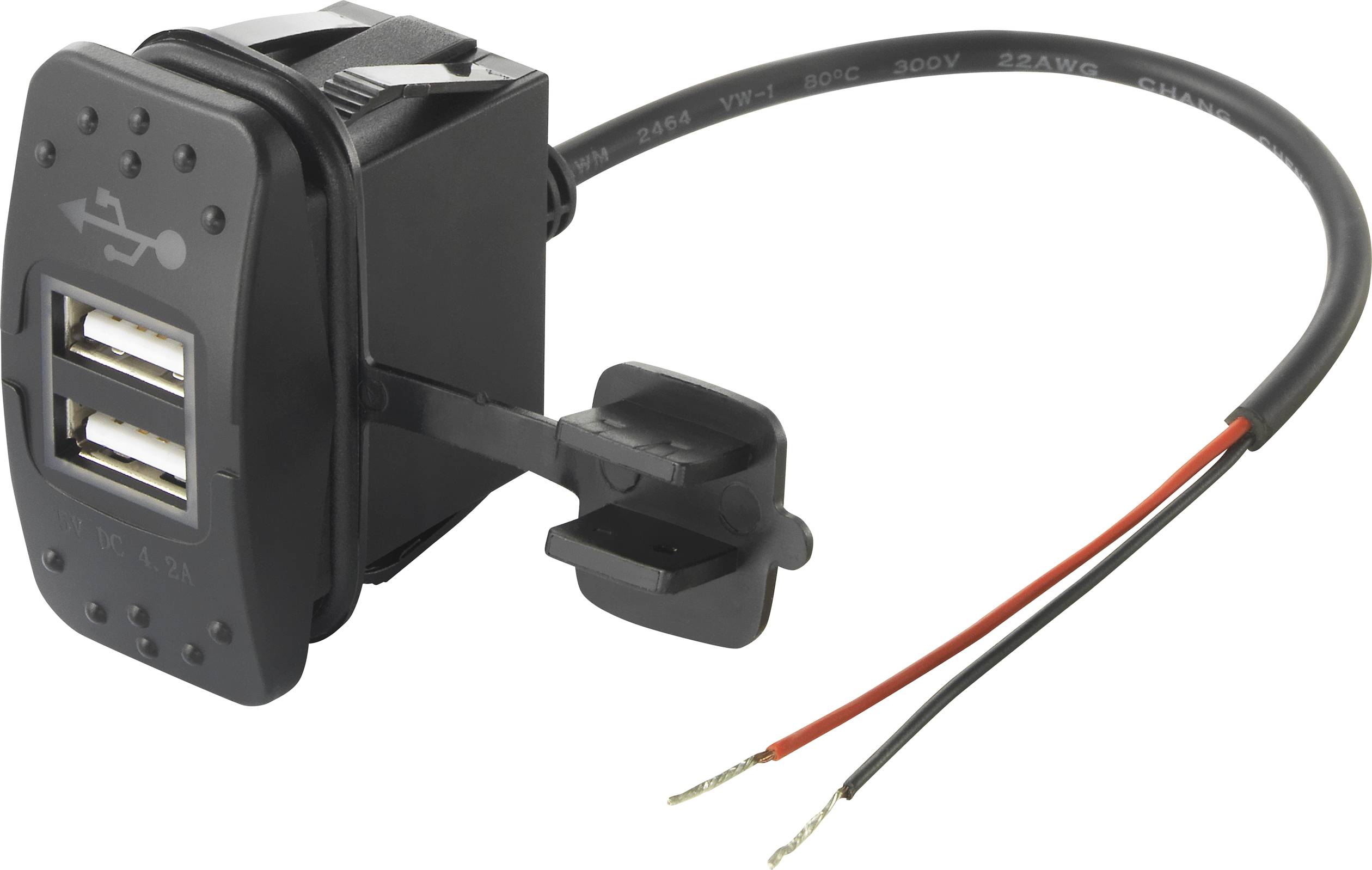 Sort USB-stik med to USB-porte, kabel med åbent endestik. Velegnet til indbygning i enheder eller køretøjer til strømforsyning.