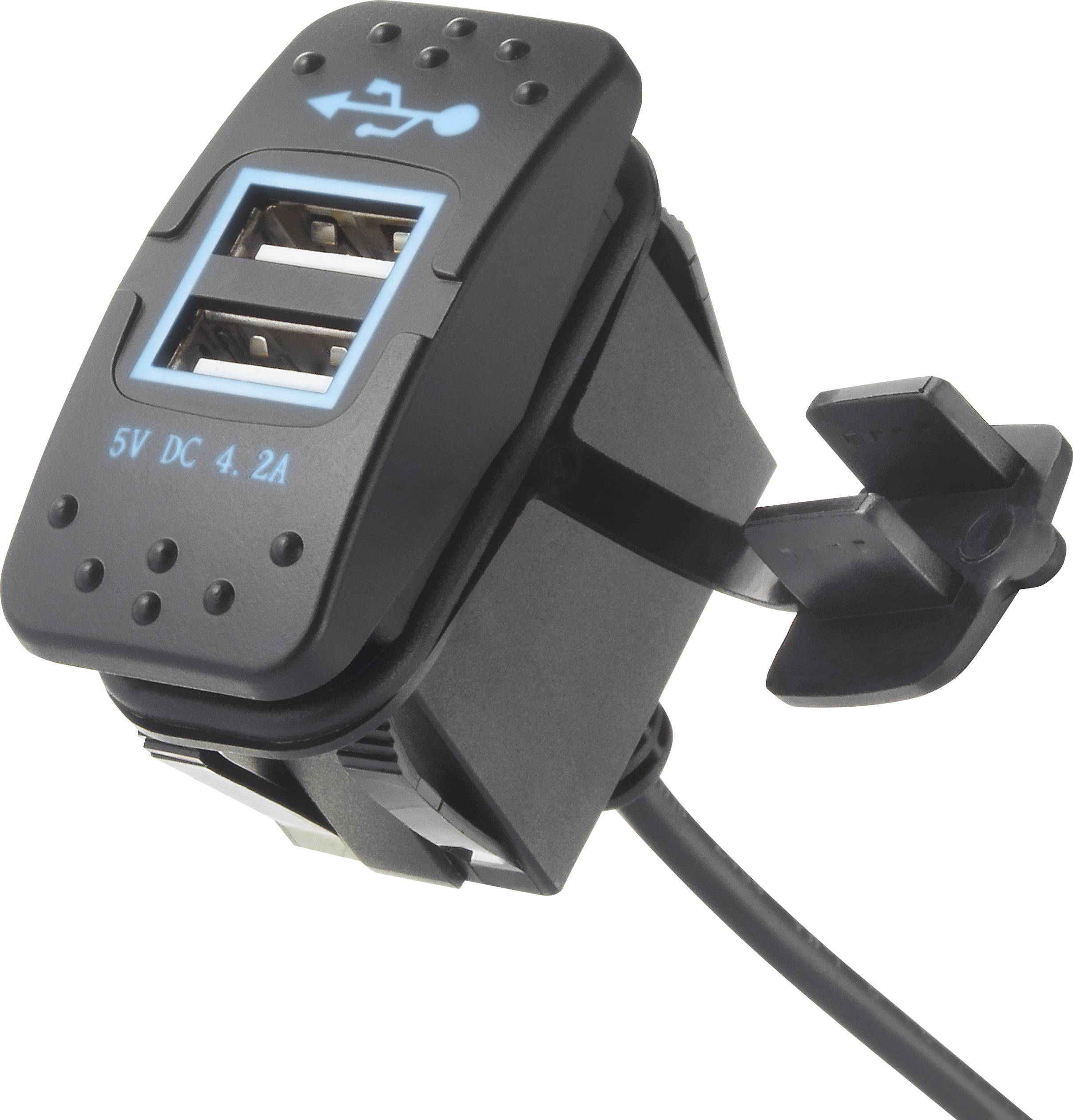Sort-blå dobbelt USB-ladestik med 5V DC og 4,2A kapacitet, monterbar, med kabeltilslutning.