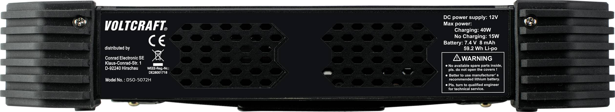 Apparat fra Voltcraft, forsiden med ventilationsgitre. Det drejer sig om en oplader med angivelser af spænding og effekt.