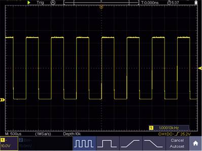 Et oscilloskop viser et firkantssignal med en frekvens på 1 kHz på y-aksen og tid på x-aksen.