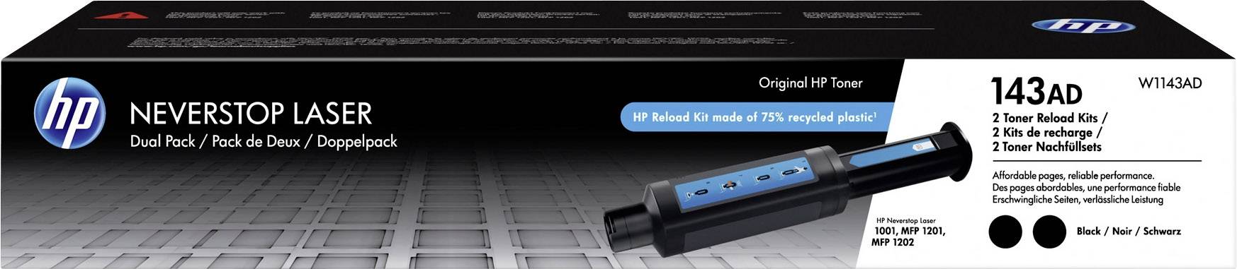 Emballage til HP Neverstop Laser-dobbeltpakke-toner. Indeholder to genpåfyldelige tonerpatroner til HP-laserprintere, model 143AD, med genbrugsinformation.