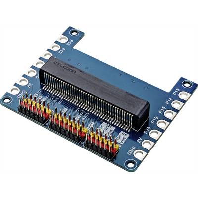 Et blåt elektronikmodul med flere gyldne ben og en sort tilslutning, mærket med 'P8', 'P2' og flere.