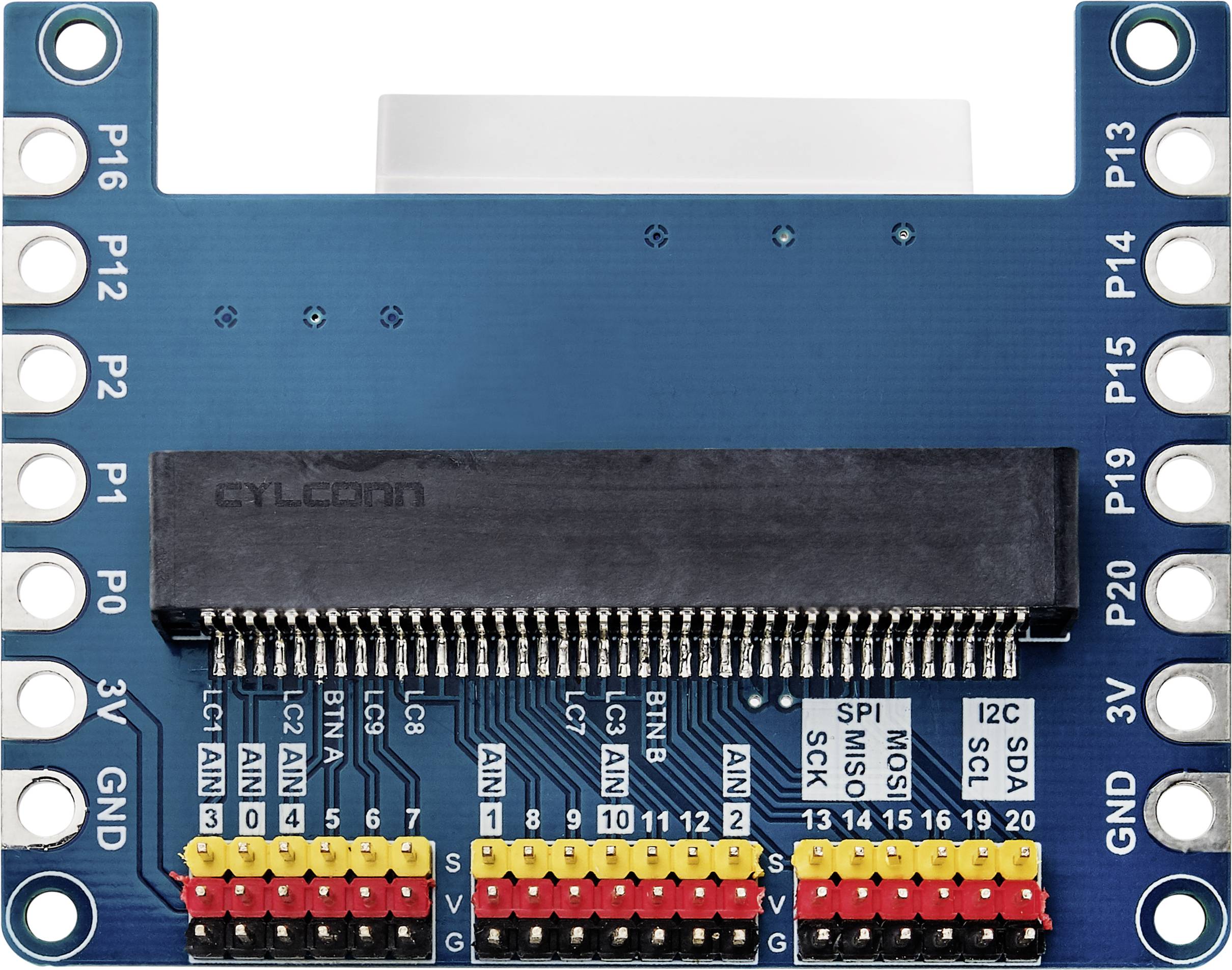 Elektronikprintplade med flere tilslutninger og en lang sort stikforbindelse i midten. Mærket med GPIO-ben og kontrolspor.