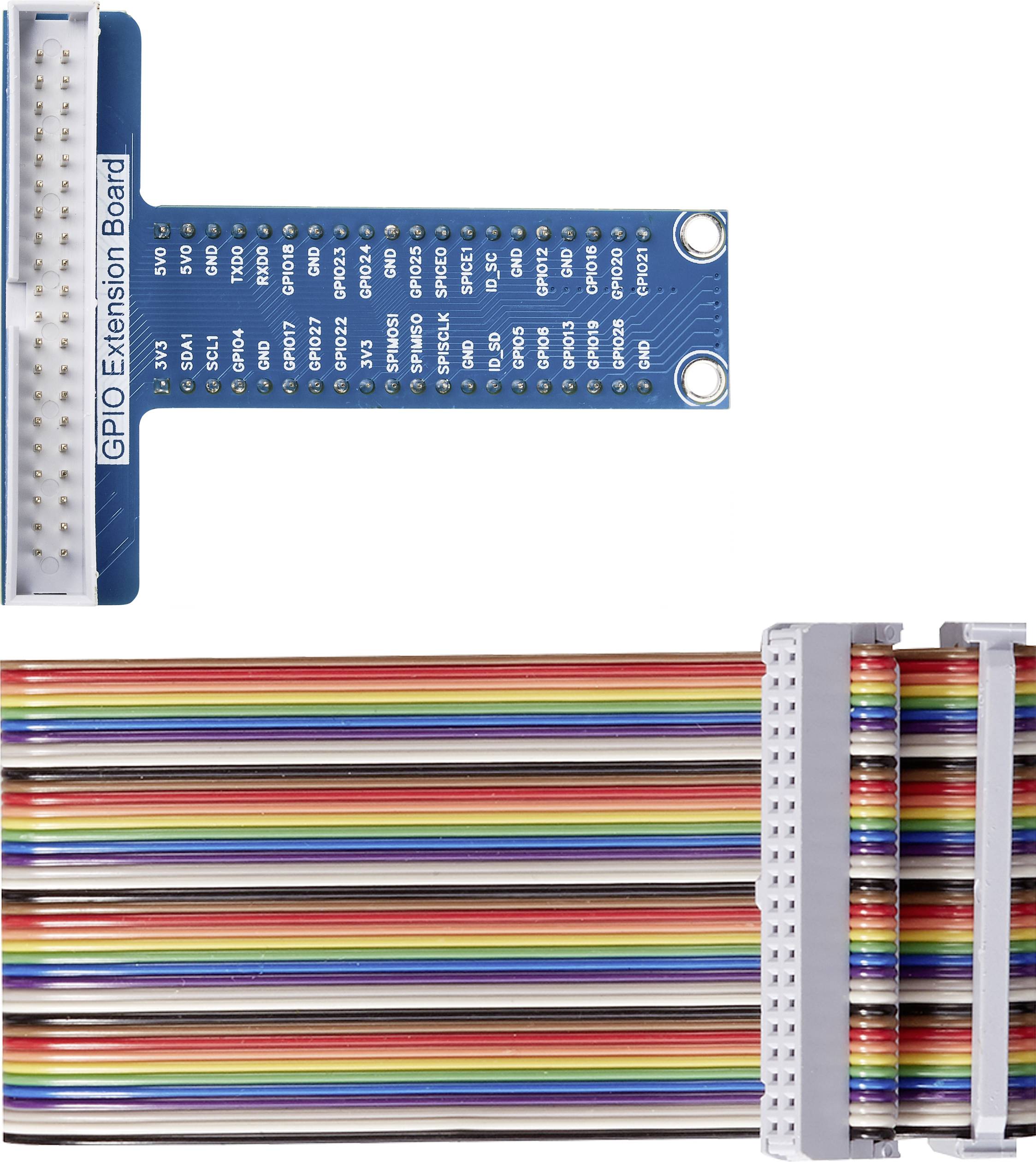 Et blåt GPIO-udvidelseskort med hvide kontakter er forbundet via et flerfarvet fladkabel, som vises nedenfor.