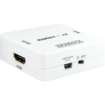 En hvid AV-til-HDMI-konverter med HDMI-port og USB-strømtilslutning. Opløsningen kan vælges mellem 720p og 1080p.