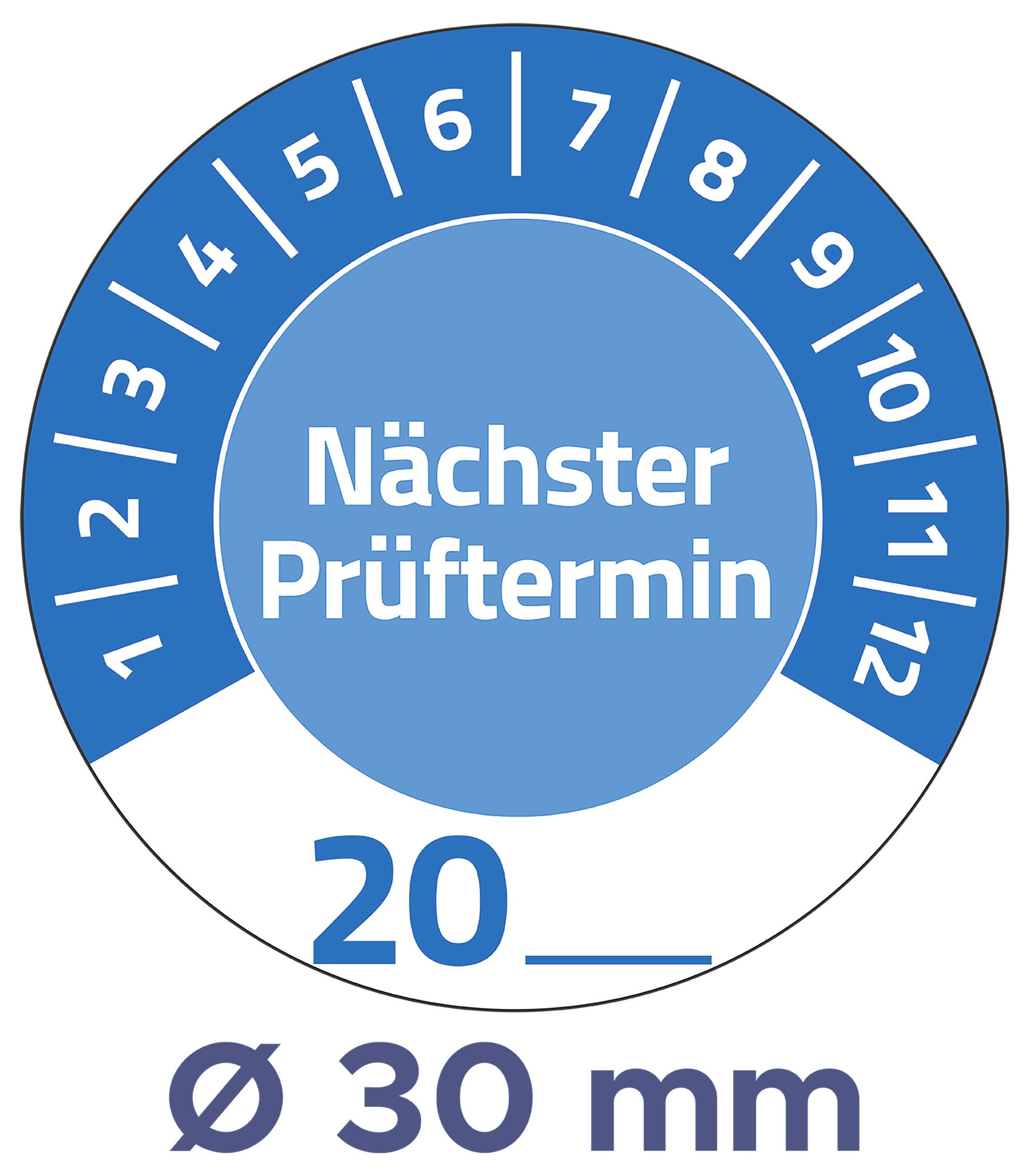 Rundt kontrolplaketsymbol med 'Næste kontroltermin', månedsnumre 1–12 og stort felt '20__' samt 'Ø 30 mm' derunder.