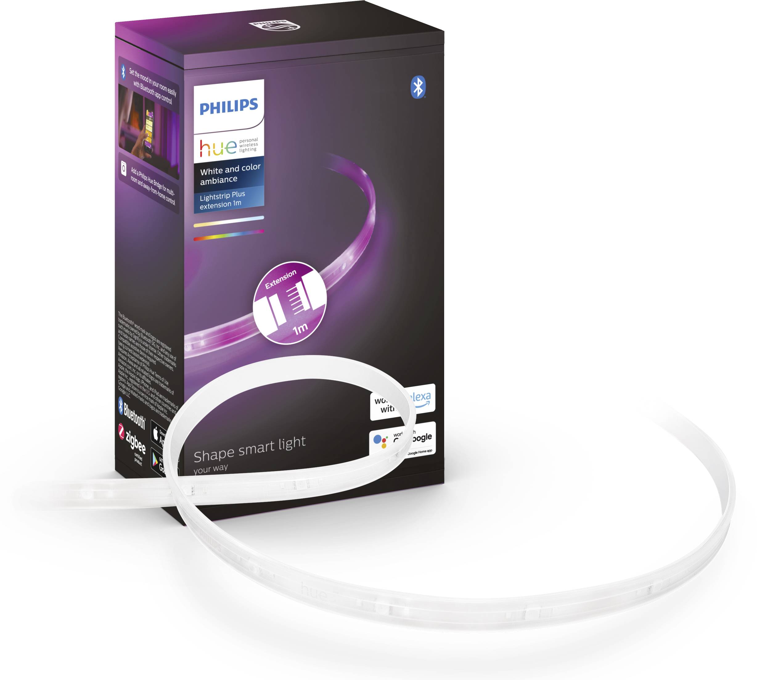 Et Philips Hue LED-lysbjælke ved siden af sin emballage. Emballagen viser produktlogoet og Bluetooth-kompatibilitet.