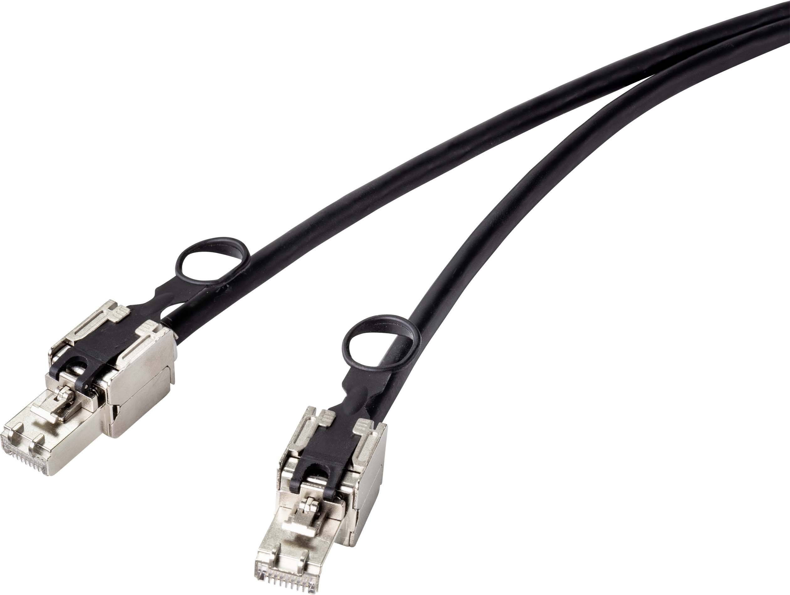 To svarte Ethernet-kabler med metalstik ligger parallelt ved siden af hinanden.