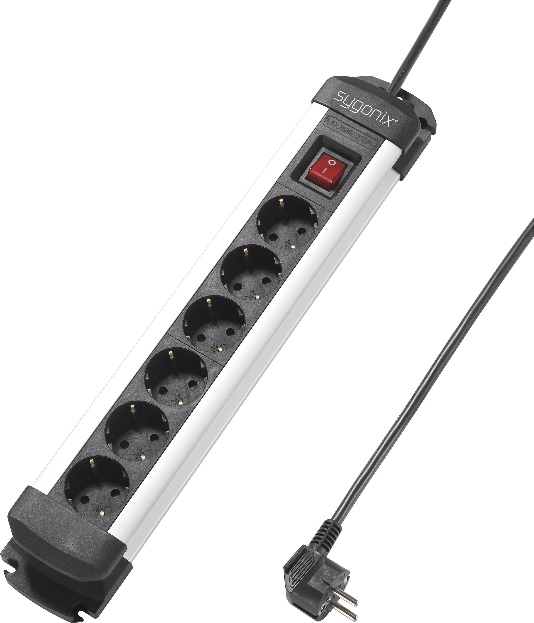 Sygonix SY-4538260 Stikdåse med afbryder 6x Sort, Sølv Stik med jordkontakt 1 stk