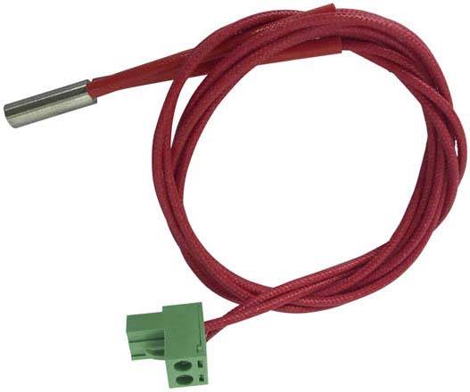 Rød temperaturbestandig ledning med grøn stikforbindelse og metalisk sensor i enden.