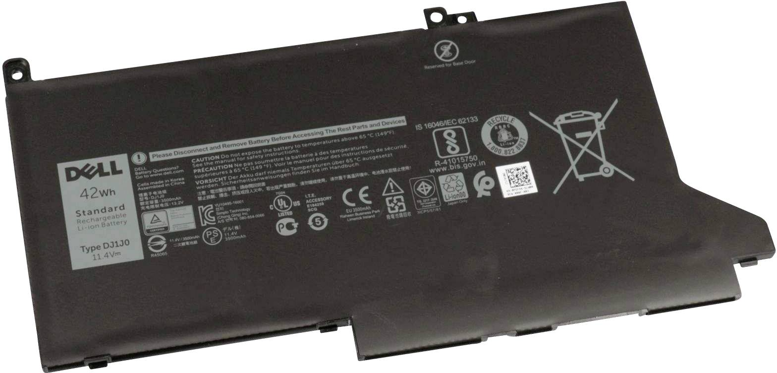 Dell-laptop-batteri, model D1J1O, 42 Wh. Indeholder sikkerheds- og genbrugsinformationer samt producentens symboler.