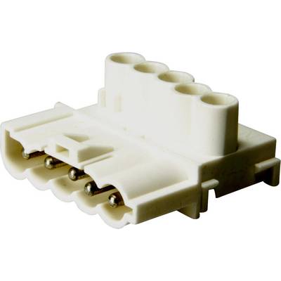 En hvid elektrisk stikforbinder med fire runde stikpladser og metalliske kontakter, som bruges i elektroniske enheder.