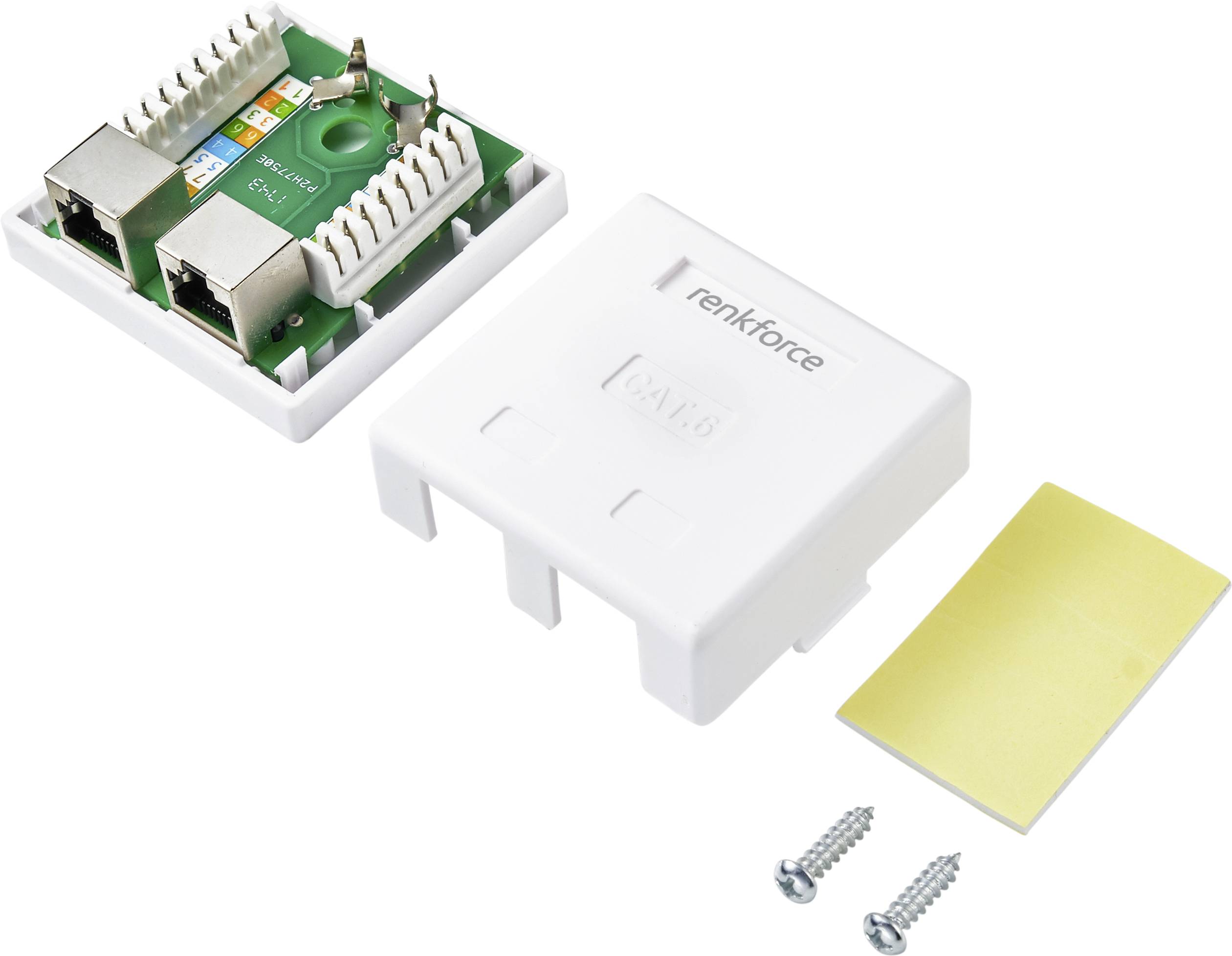 Renkforce netværksstik, åbnet og lukket, med kabinet, tilslutninger, to skruer og klæbepude. Afgørende for netværksinstallationer.