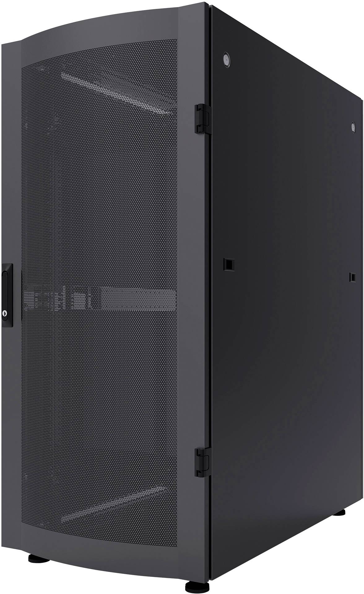 Sort serverrack med metaldør og ventilationsåbninger i siderne, velegnet til installation i et datacenter.