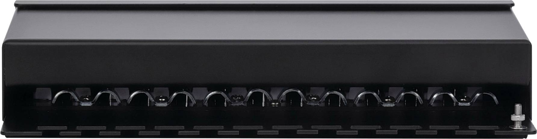 En sort netværksswitch med flere Ethernet-porte på forsiden.