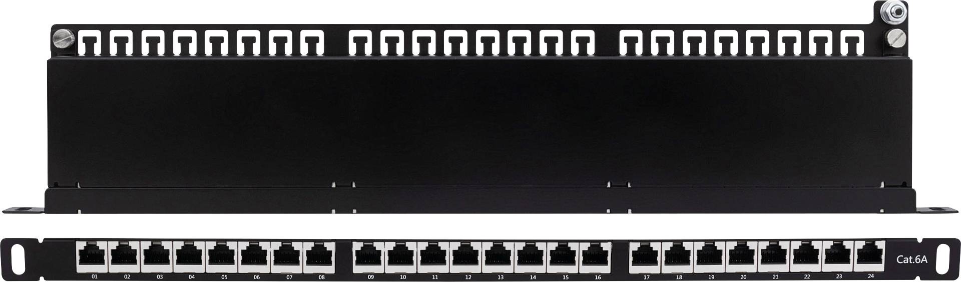 Et patchpanel med flere Ethernet-porte øverst og nederst, som bruges til netværksforbindelser i et serverrum.
