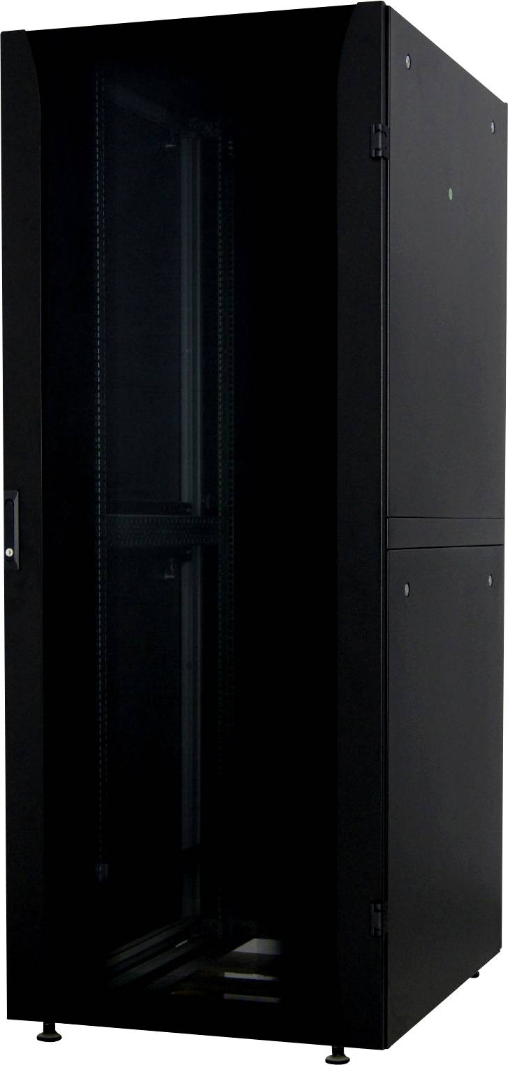 Sort serverrack-skab med høj dør, til IT-infrastruktur, fristående på neutral baggrund.
