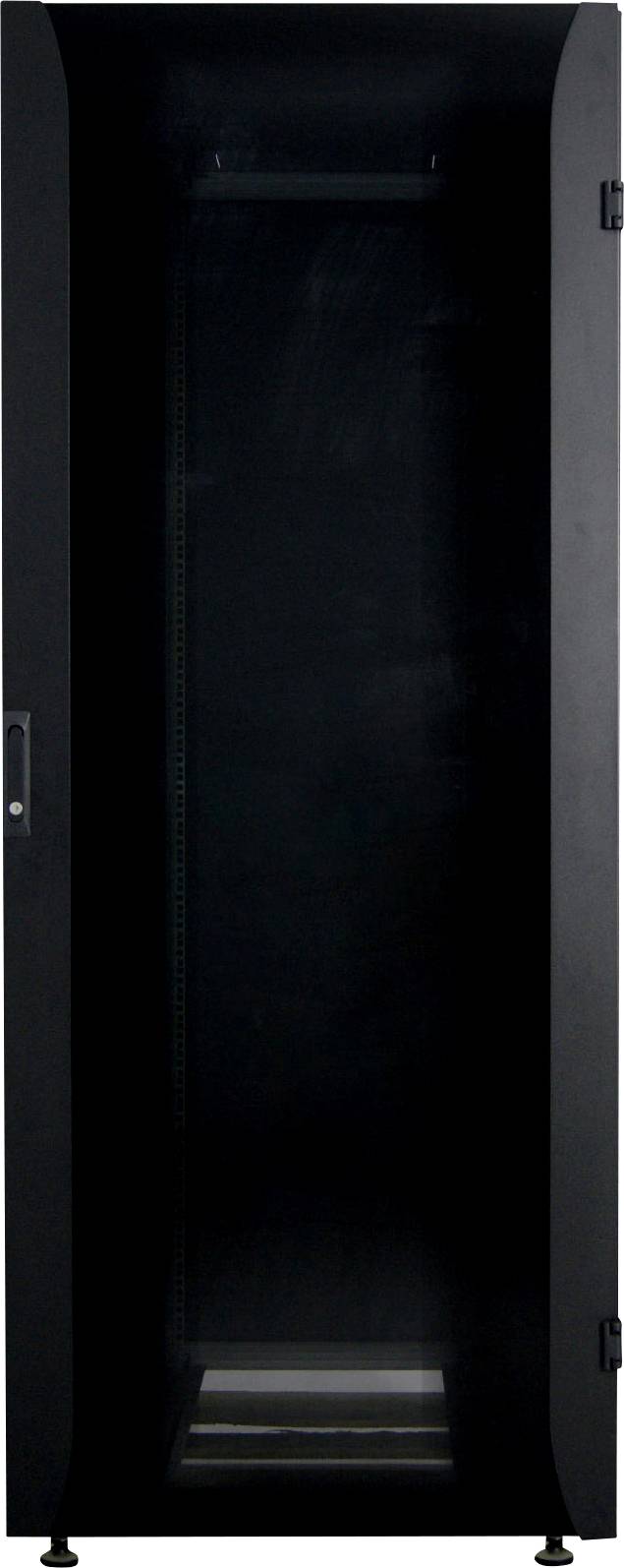 Sort serverrack-skab med glaslåge, lukket.