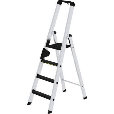 Fritstående metaltrappe med fire trin og en øvre platform. Egnet til belastning op til 150 kg.
