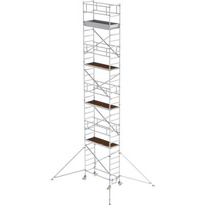 Et højt, stabilt stillads med flere platforme og sidestøtter, egnet til byggearbejde eller renoveringsprojekter i stor højde.
