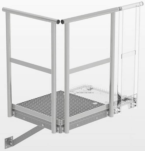 En sammenklappelig metalbalkong, fritbærende med tremmegulv, rækværk og integreret drejesøjle til pladssparende installation.