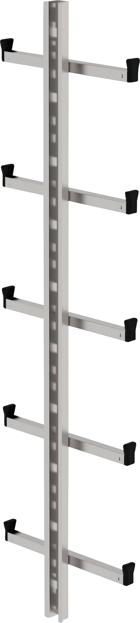 Metalramme med udstående kroge, egnet til opbevaring af genstande. Seks niveauer, jævnt fordelt til fastgørelse.