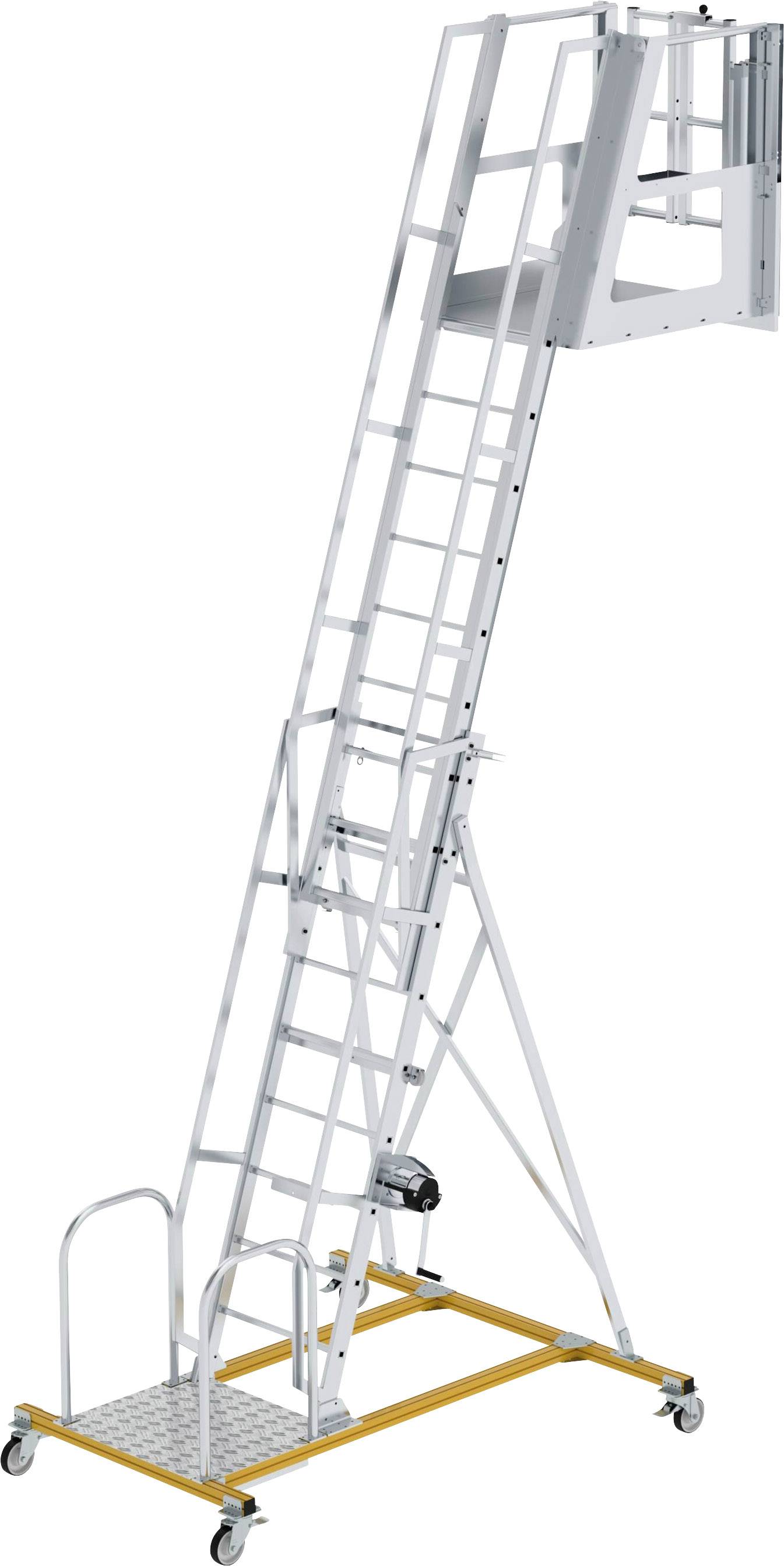 En mobil aluminiumstige med sikkerhedsplatform og hjul til fleksibel brug, ideel til arbejde i højden og inspektioner.