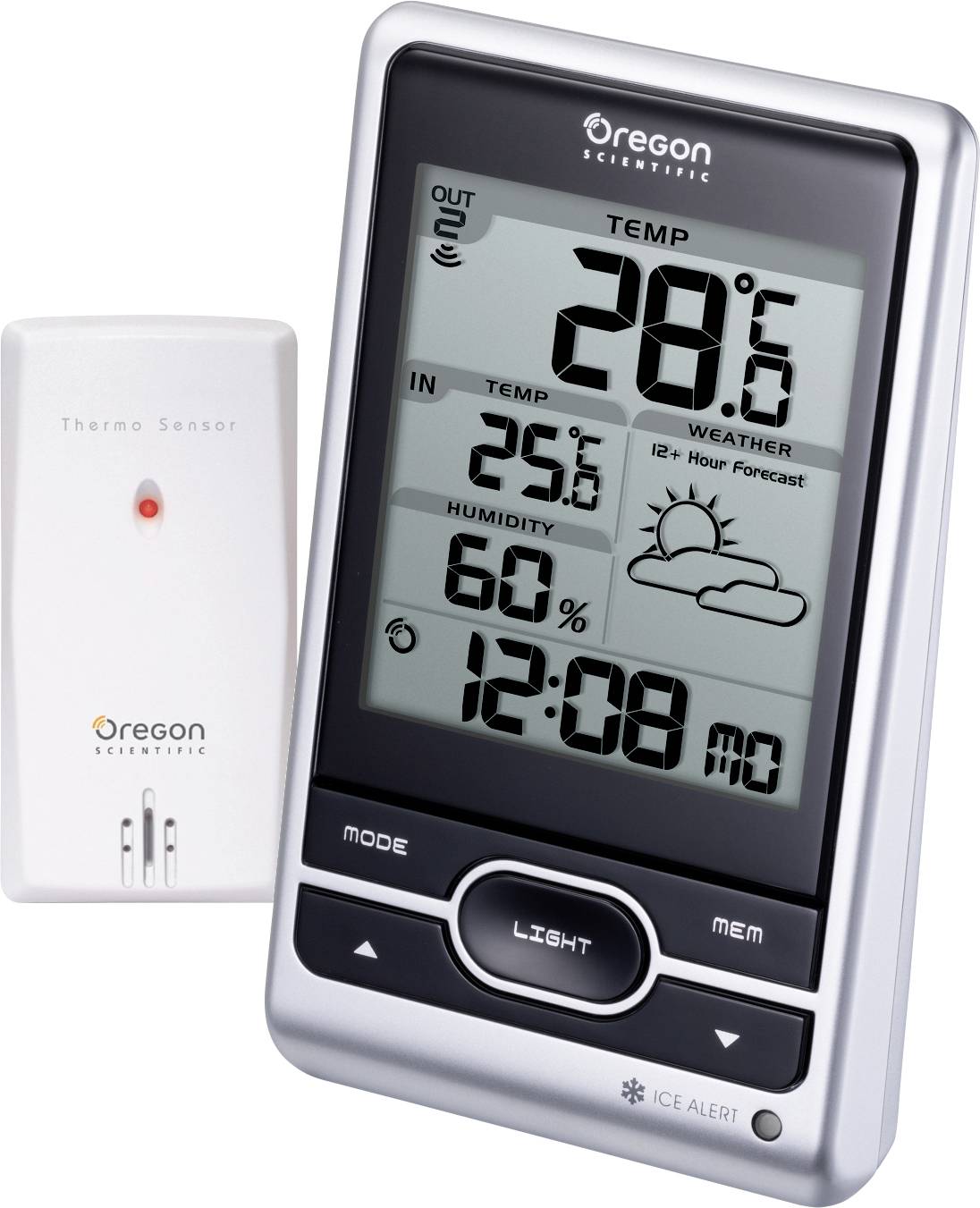 Digitalt termometer viser 26°C udetemperatur, 25,6°C indendørstemperatur, 60% luftfugtighed og 12-timers vejrudsigt.