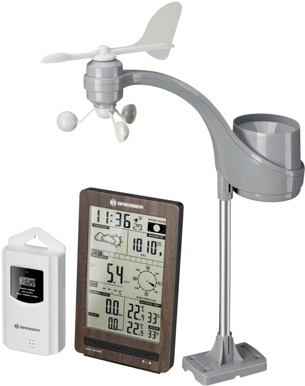 En vejrstation med display, der viser temperatur, luftfugtighed, klokkeslæt og vejrudsigt. Indeholder sensorer til vindmåling og regnmåling.