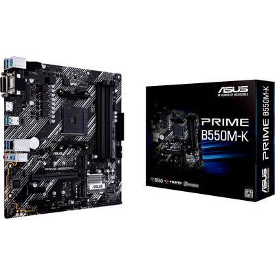 Bundkort ASUS Prime B550M-K ved siden af sin emballage, som viser tekniske oplysninger og et billede af bundkortet.