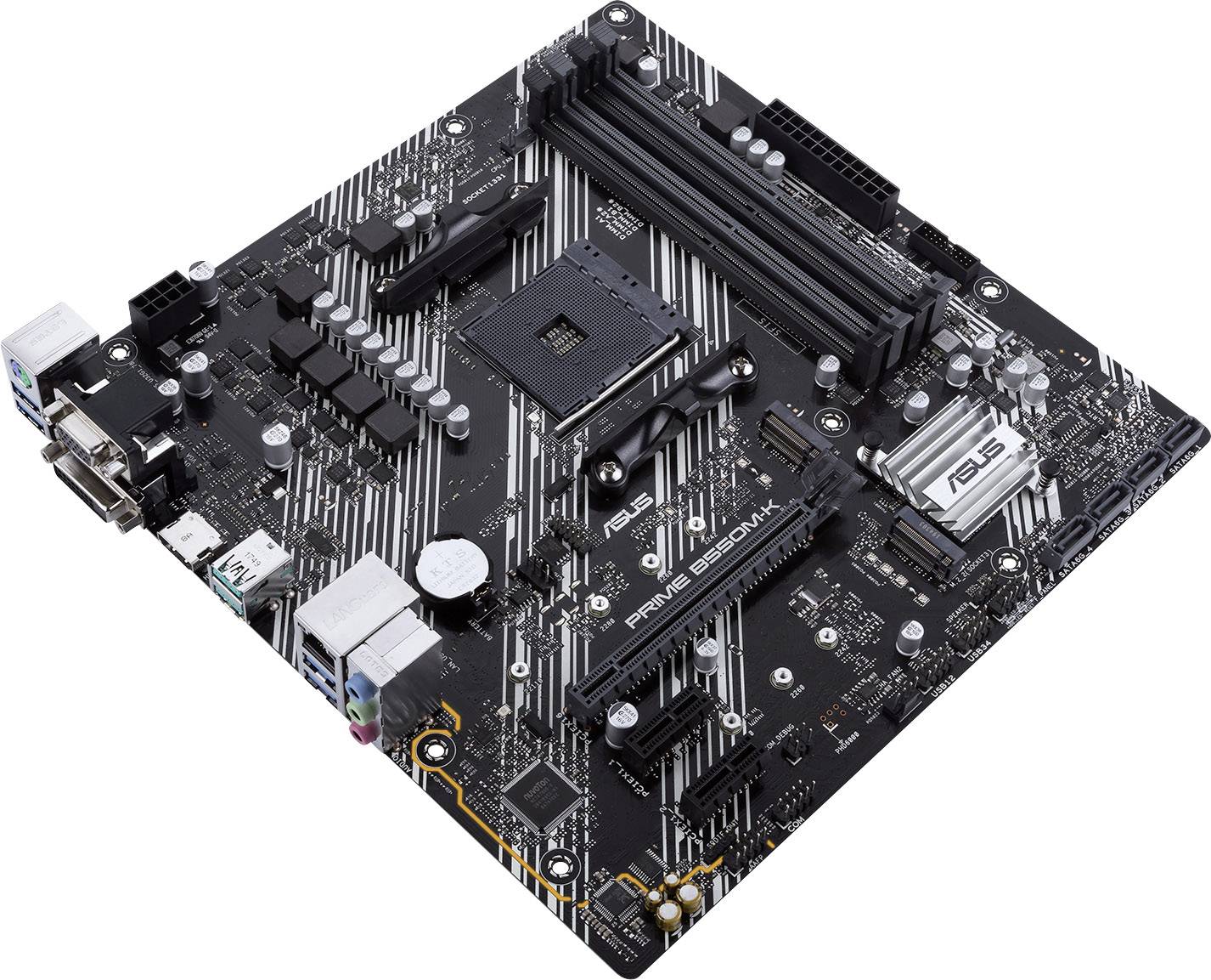 Et sort-hvidt computer-bundkort med flere tilslutninger og udvidelsesslots. Påskrift 'PRIME B350M-K'.