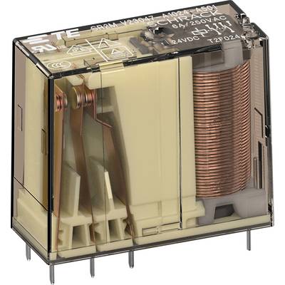 Et gennemsigtigt elektromagnetisk relæ med kobvikle og flere metalliske kontakter, vist i tværsnit.